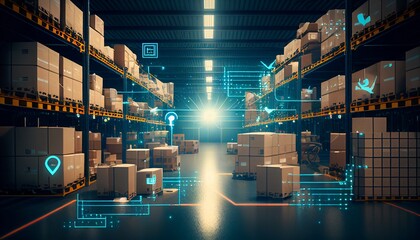 Intelligent warehouse management system with cutting-edge internet of things technology for package picking and delivery, Generative AI - obrazy, fototapety, plakaty