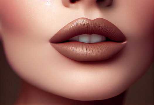 Close-up perfect lip makeup beautiful female mouth. Perfect clean skin, fresh lip make-up. AI Generated