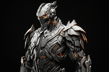 The futuristic mech soldier of science fiction, isolated on a pitch black background. White and gray metal adorn this futuristic military robot warrior. Robot with dented armor made of metal. Huge ora - obrazy, fototapety, plakaty