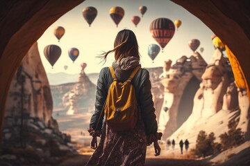 Happy woman contemplating sunrise at the scenic valley with hot air balloons in Cappadocia. Generative AI
