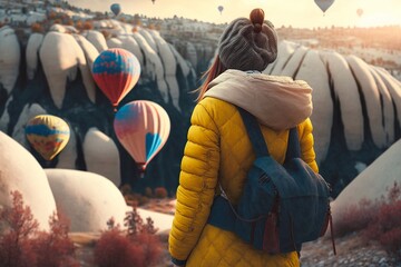 Woman Walking to Edge of Rock and Looking at Hot Air Balloons, Cappadocia, Turkey. Generative AI