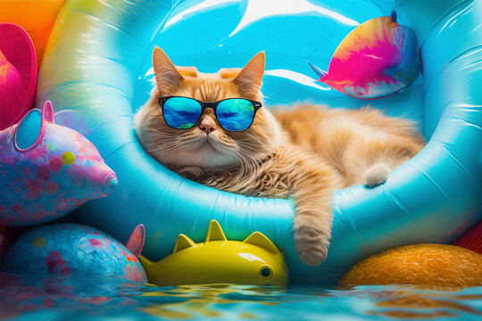 Handsome cat chilling on a pool float and playing with toy fish. Generative AI