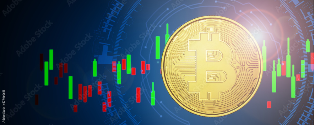 Poster cryptocurrency trading. bitcoin on a blue background. bitcoin on a technological background. bitcon 