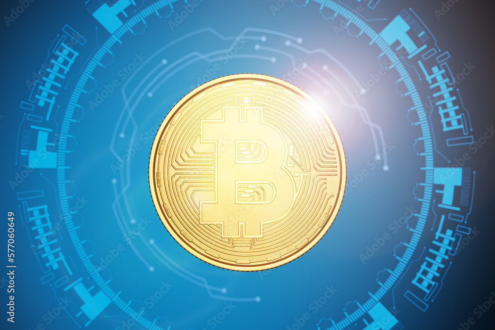 Poster coin bitcoin on a blue background. bitcoin on a technological background. bitcon in the middle of th