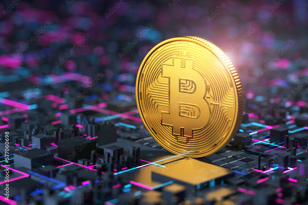 Poster bitcoin on a technological background. banner with technology background for cryptocurrency illustra