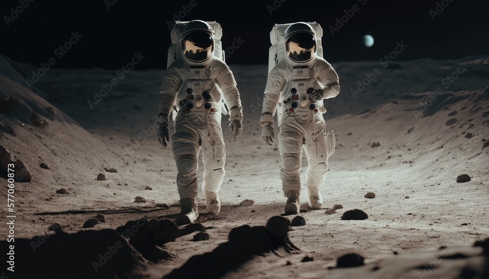Poster astronauts walking on the moon surface watching earth, made with generative ai