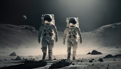 Astronauts walking on the moon surface watching earth, made with generative ai