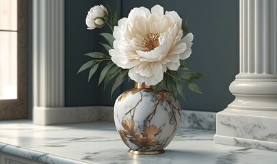  a white and gold vase with flowers on a marble counter.  generative ai
