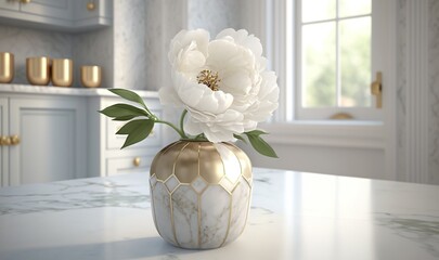  a white flower in a gold vase on a counter top.  generative ai © Anna