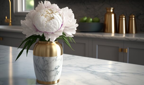  a white flower in a gold vase on a marble counter.  generative ai