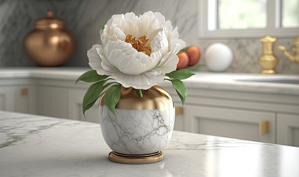  a white flower in a gold vase on a marble counter.  generative ai