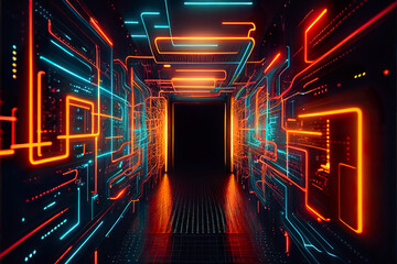 Background wall with yellow orange blue neon lines and rays. Background dark corridor with neon light. Generative AI.