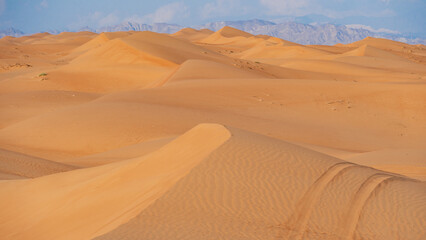 Fototapeta na wymiar Dünen mit Reifenspuren in der Wahiba Sands Wüste (Oman)