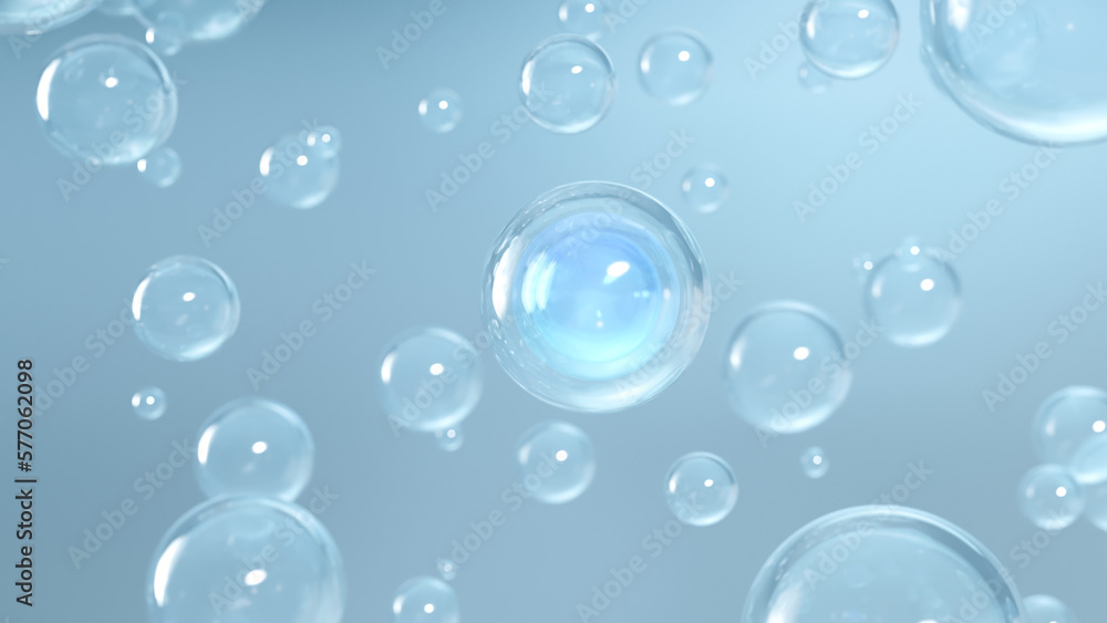 Poster Abstract background with beautiful liquid fluid for cosmetics. Shiny bubbles and Realistic balls are in the background. minimalist abstract style. 3D rendering