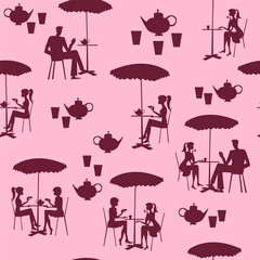 seamless pattern depicting the silhouettes of people sitting in a cafe at a table for prints on fabrics, postcards, banners and for decorating cafe interiors and scenes
