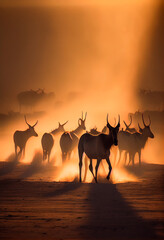 Herd of antelopes runs in the rays of sunset. AI generated