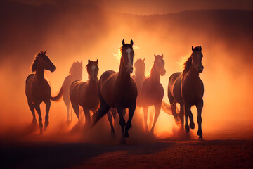 Fototapeta na wymiar A herd of horses runs in the rays of sunset. AI generated
