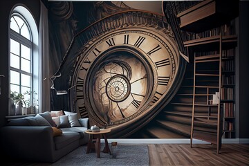 A Spiral Staircase In A Large Room With Bookshelves And A Clock On The Side Of The Wall And A Painting On The Wall. Generative AI