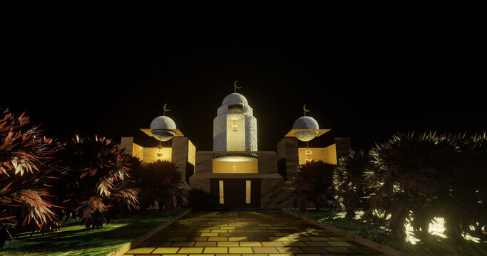 3D Render, Elegant Large Mosque with Beautiful Tree, Image Transparent for Moslem Celebration Illustration