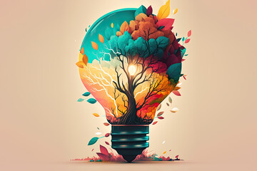 Illustration depicting a tree growing out of a light bulb in bright modern colors. Generative AI