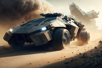 High-tech car with weapons and armor speeding away from danger. Generative AI