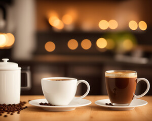 Obraz premium fresh coffee in a cozy sunny spring kitchen interior, created using generative AI tools