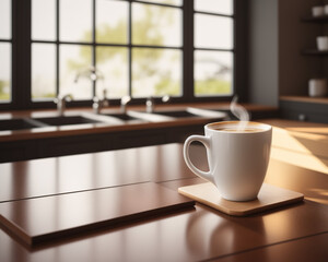 fresh coffee in a cozy sunny spring kitchen interior, created using generative AI tools