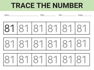 Number 81. card for kids learning to count and to write, worksheet for kids to practice writing skills, Vector illustration