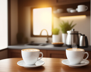 Obraz premium fresh coffee in a cozy sunny spring kitchen interior, created using generative AI tools