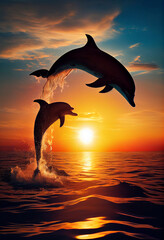 Pair of dolphins swim in the ocean at sunset. AI generated