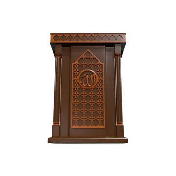 Wooden Pulpit podium with arabic text says Allah 3d illustration, ramadhan, icon,view render, hd,  premium quality, alpha background, PNG format, brown