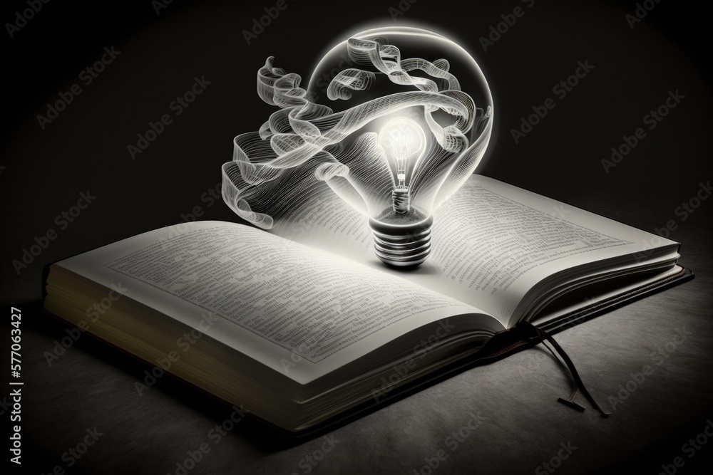 Poster conceptual illustration of a smart or imaginative lightbulb superimposed on a book and a link line f