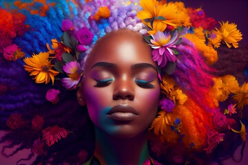 A Beautiful Black African American Girl With Colorful Hair And Eyes Closed In Multi Colored Flowers With. Generative AI