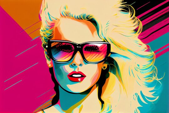 1980S Pop Art A Blonde Female Singer Wearing Sunglasses On A Fictional Album Cover. Generative AI