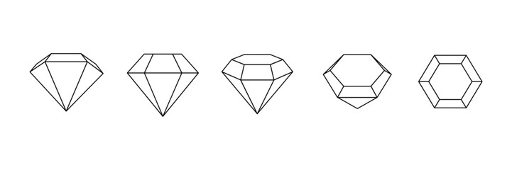 A set of diamonds (crystals) Diamonds are depicted from different angles. Outline icons