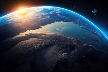 Curvature Of Planet Earth. Aerial View Of Blue Planet From Space. Sunrise Over Globe Land And Ocean. Generative AI
