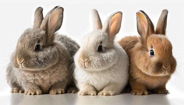 Three small bannies sit together. Cute fluffy rabbits. Animal or easter concept, Generative AI photorealistic image, natural colors, isolated, white background