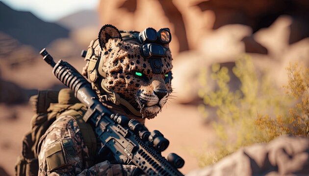 realistic animal in army suit, cheetah army black ops by ai generative