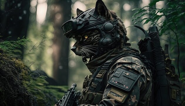 realistic animal in army suit, cat army black ops by ai generative