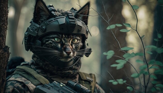 realistic animal in army suit, cat army black ops by ai generative