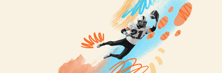 Contemporary art collage. Dynamic portrait of american football player in uniform training, catching ball. Retro style. Concept of sport, vintage, 20s, fashion, action