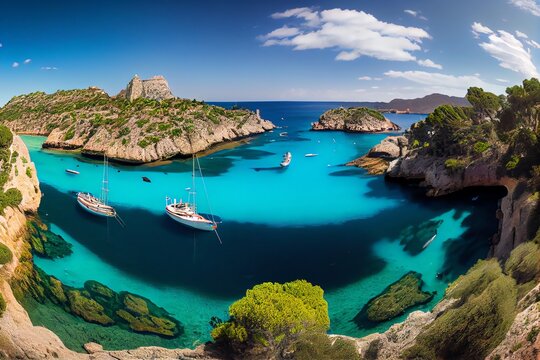 Panorama Of Mallorca, A Lovely Bay With Opulent Yachts Off The Santa Ponsa Coast In The Balearic Islands Mediterranean Sea. Generative AI