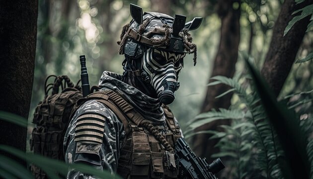 realistic animal in army suit , zebra army black ops by ai generative