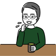 お茶を飲んでむせる高齢男性