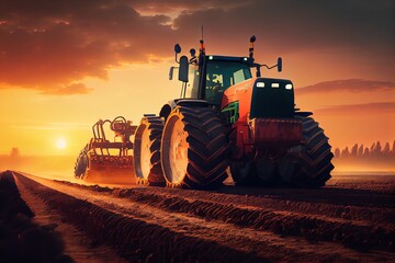 Fototapeta premium Tractor Drives Across Large Field Making Special Beds For Sowing Seeds Into Purified Soil. Agricultural Vehicle Works At Sunset In Countryside. Generative AI