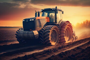 Tractor Drives Across Large Field Making Special Beds For Sowing Seeds Into Purified Soil. Agricultural Vehicle Works At Sunset In Countryside. Generative AI