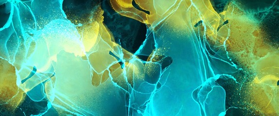 Turquoise alcohol ink background, creative hand drawn art, fluid illustration with liquid technique, wallpaper for printed materials, watercolor texture for wall decorations, brochures or flyers