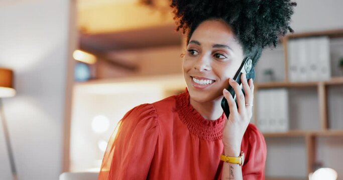 Business, phone call and black woman in workplace, connection and communication. African American female employee, leader and happy entrepreneur with smartphone, conversation or planning for schedule