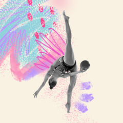 Creative artwork of female professional rhytmic gymnast in motion and action over light background with abstact drawings. Concept of art, sport, motivation, grace.