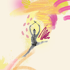 Creative artwork of female professional rhytmic gymnast in motion and action over light background with abstact drawings. Concept of art, sport, motivation, grace.